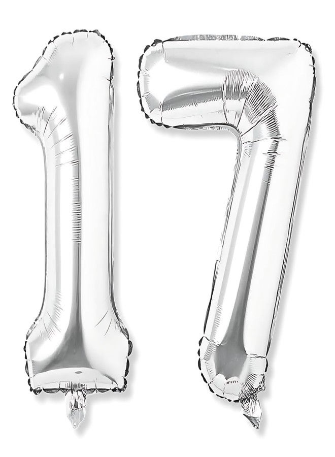 Flyloons بالون فضي من رقائق الألومنيوم على شكل الرقم 17 من فلاي لونز، مقاس 16 بوصة، عبوة من قطعتين لتزيين حفلات أعياد الميلاد | بالونات السنة السابعة عشرة | سبعة عشر - Image 1